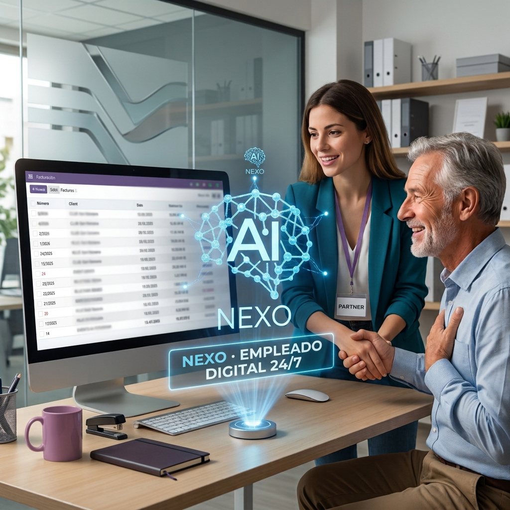 Una consulente stringe la mano a un cliente soddisfatto accanto a un ologramma Nexo