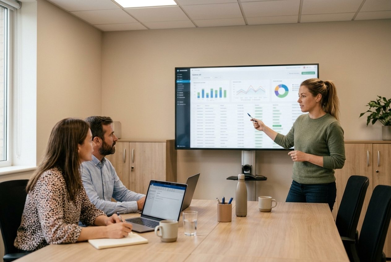 Consulente che spiega la dashboard gestionale al team di un cliente in una sala riunioni