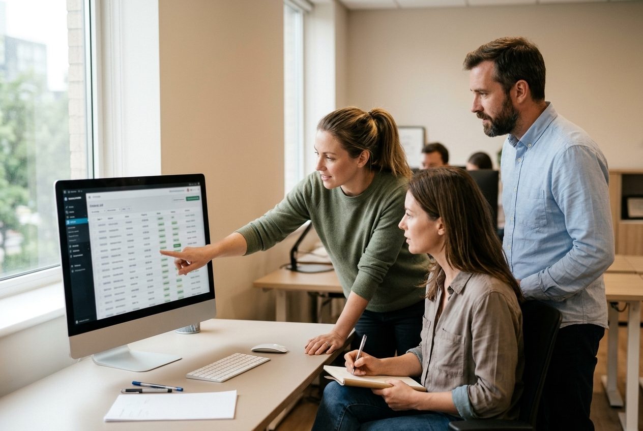 Team di una consulenza Odoo che esamina un elenco di fatture sullo schermo